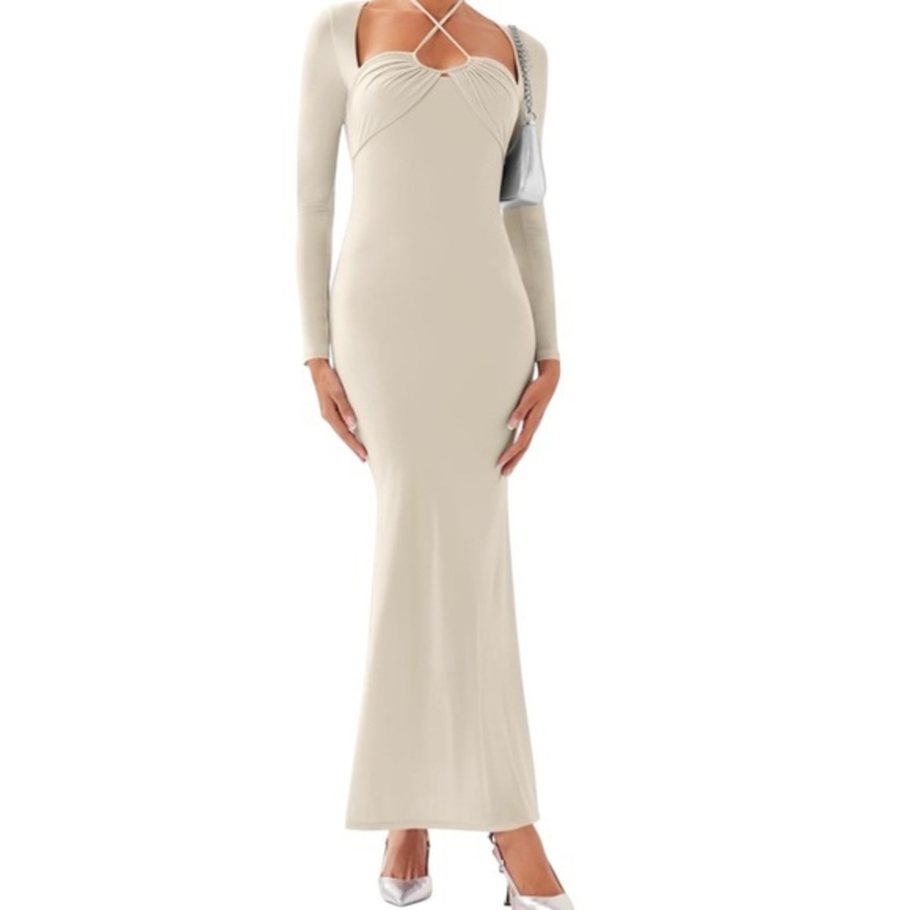 REORIA Long Sleeve Inverted Trapezoid Cross Neck Mermaid Dress